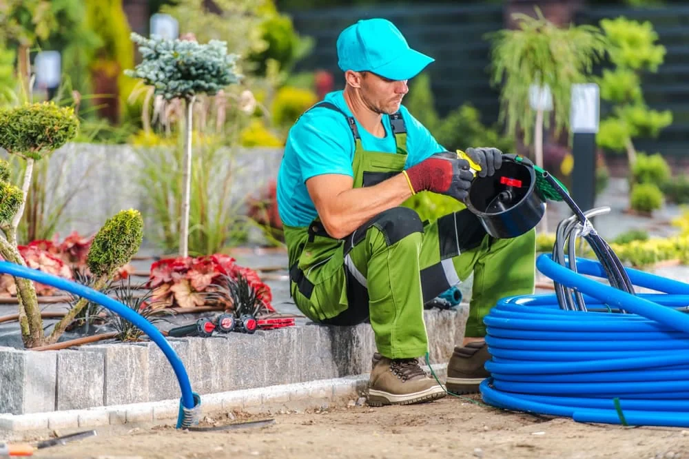 A landscaper wearing a turquoise cap and shirt with green overalls sits on a low wall, working with irrigation tubes and equipment for landscaping services Waco, TX, in a garden under construction. Coiled blue pipes and tools are on the ground nearby.