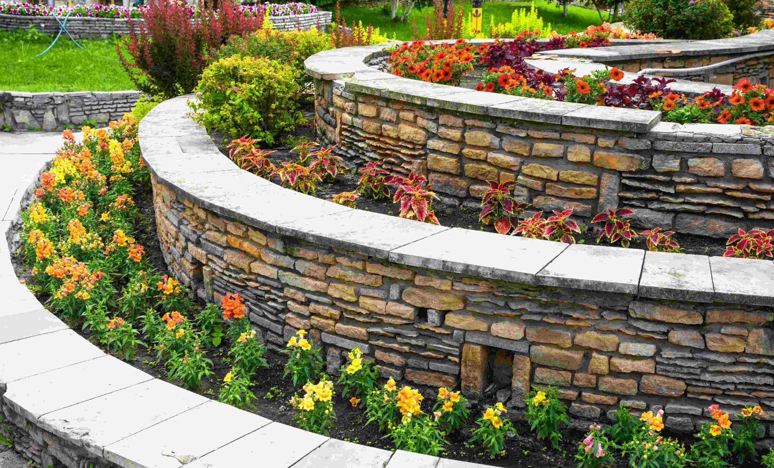 Terraced stone planters filled with colorful blooming flowers and green shrubs arranged in curved, layered rows enhance this landscaped garden—perfect inspiration for those seeking professional landscaping services in Waco, TX. A sidewalk borders the lush design.